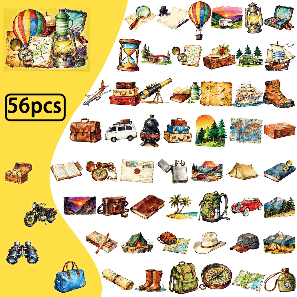 Outdoor Adventure Store - 56 autocollants PET transparents style aquarelle